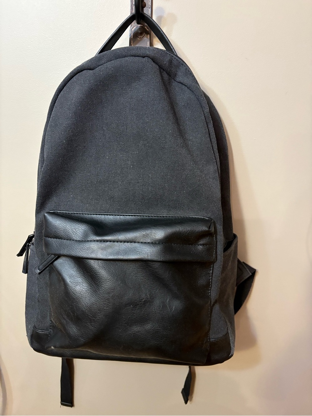 Men's Black Canvas & Faux Leather Backpack with Padded Laptop Sleeve